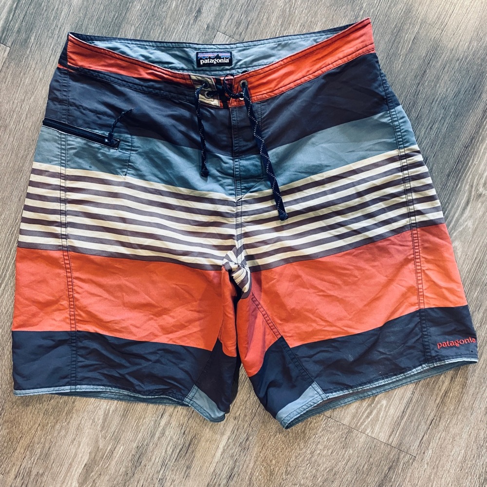 Patagonia Mens Striped Board Shorts Orange Blue Grey Swim Trunks Size 33